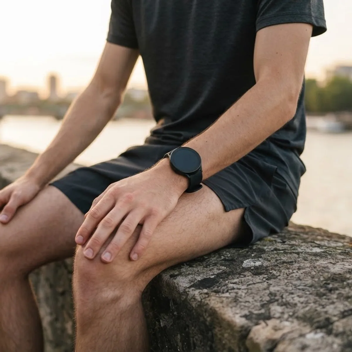A runner sitting on a stone wall by a river at sunset with a smartwatch on the wrist and a hand on one knee