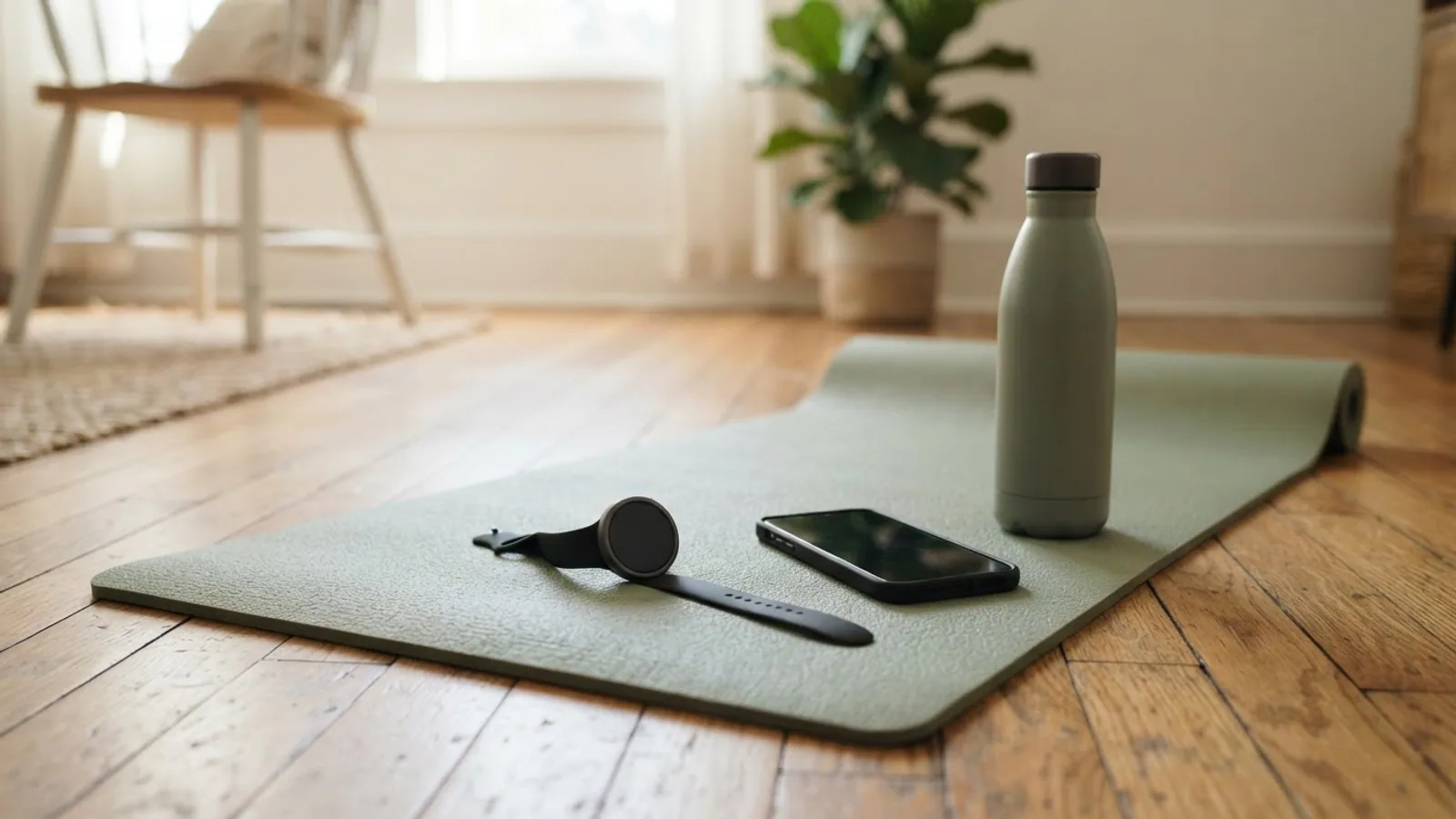 A smartwatch and a phone lying on a green yoga mat on a wooden floor next to a water bottle