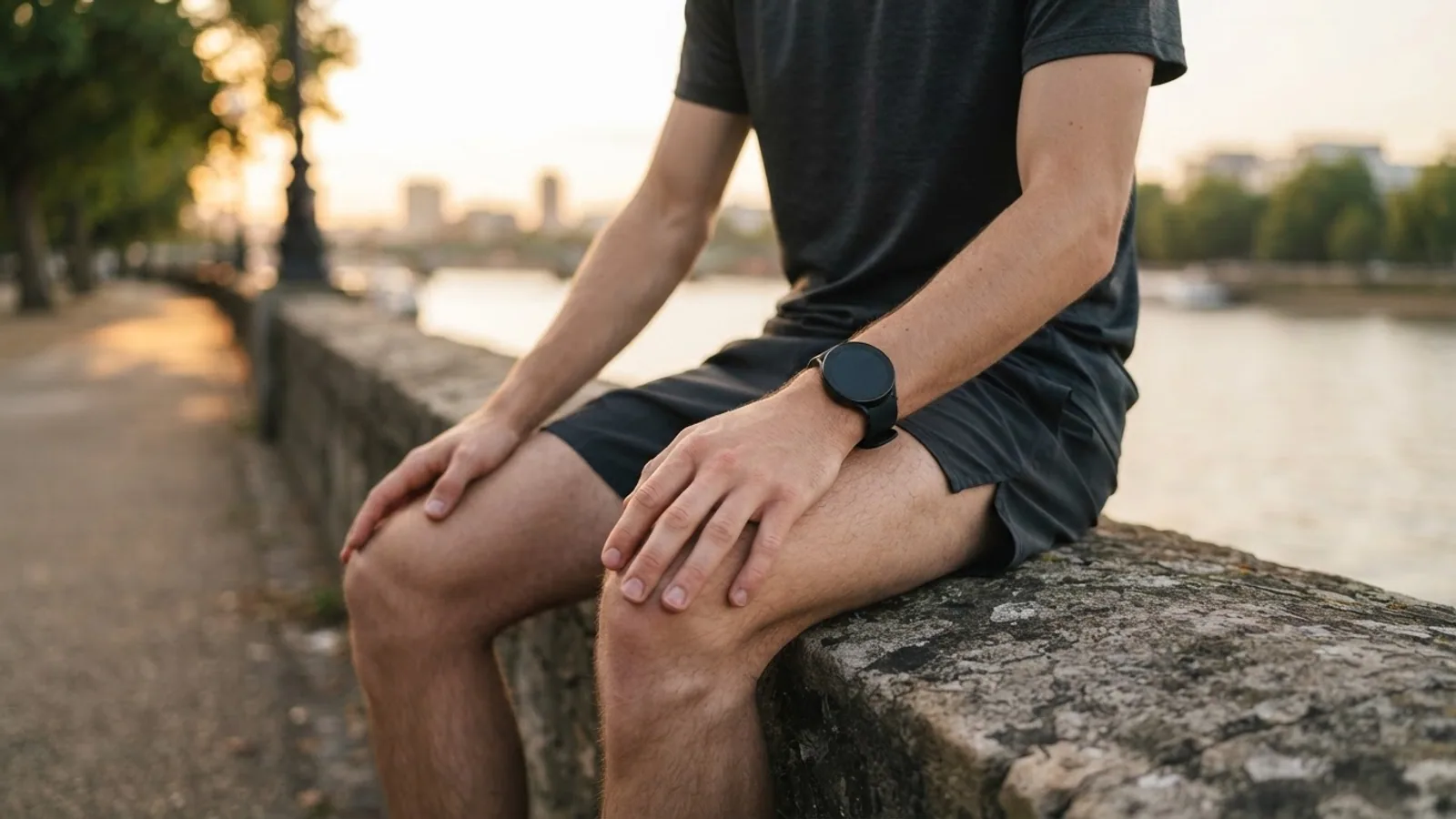 A runner sitting on a stone wall by a river at sunset with a smartwatch on the wrist and a hand on one knee