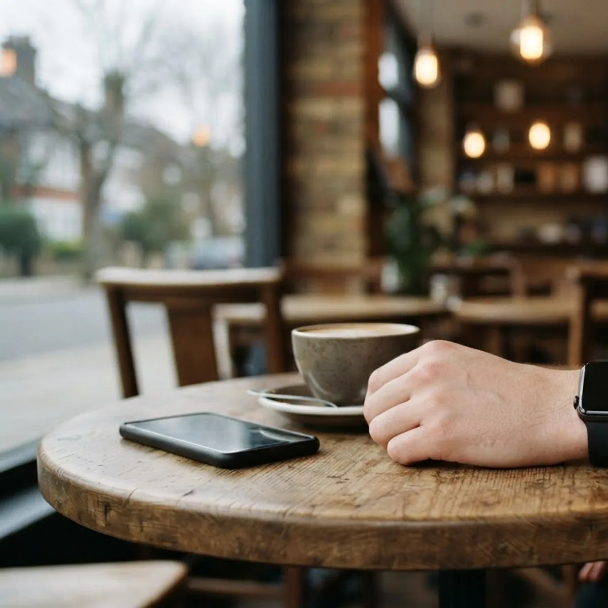 Forearm with a smartwatch resting on a café table next to a coffee cup and a face-down phone