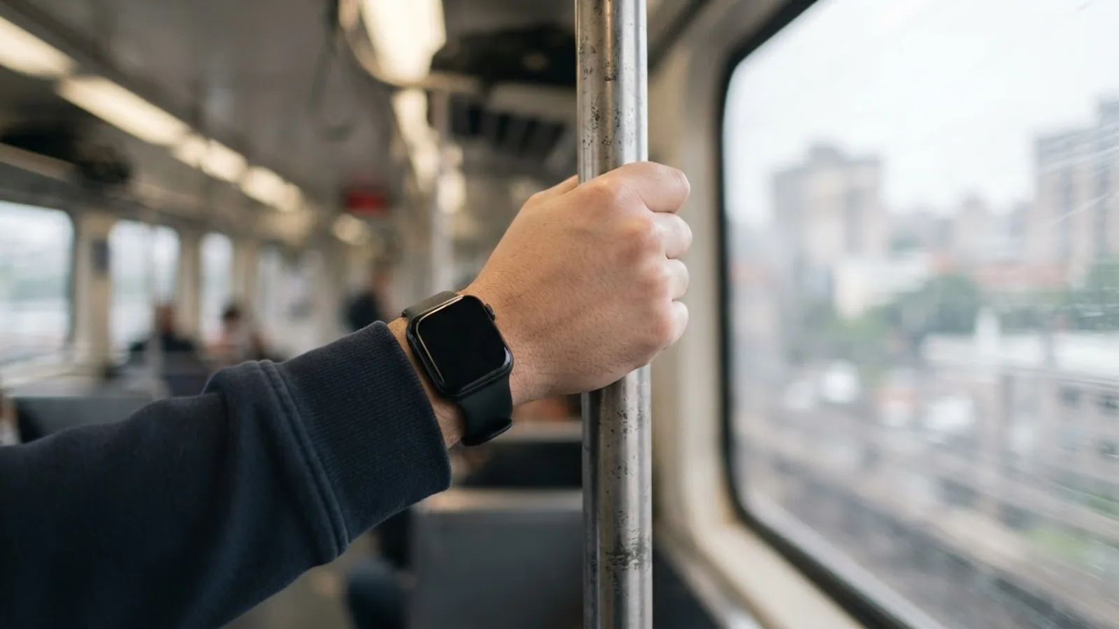 Commuter's hand holding a train handrail, wrist wearing a smartwatch with a dark screen