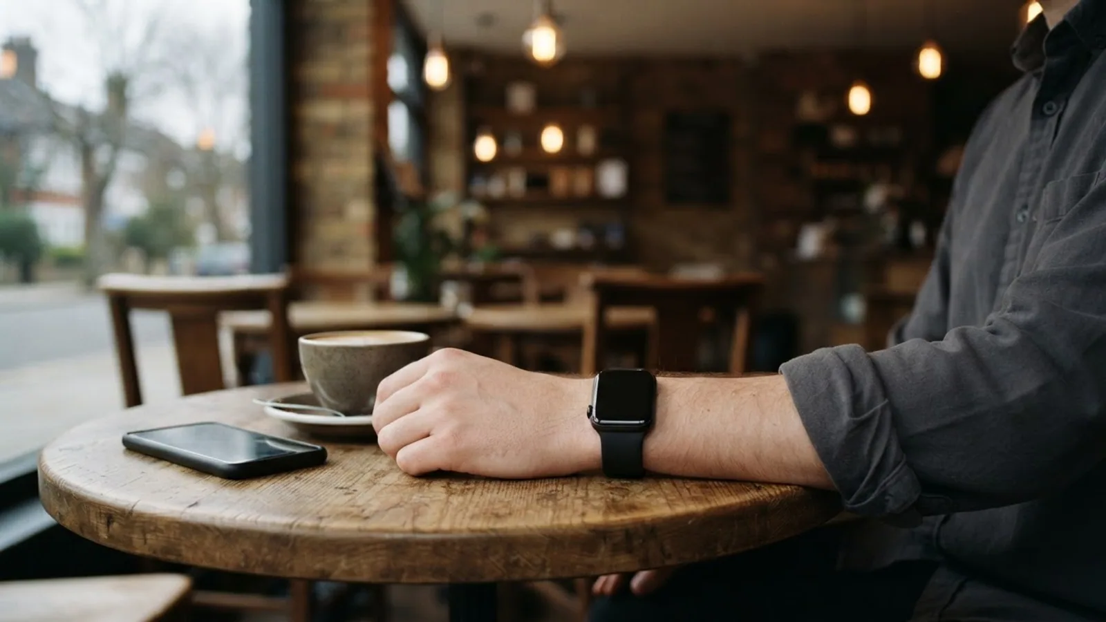 Forearm with a smartwatch resting on a café table next to a coffee cup and a face-down phone