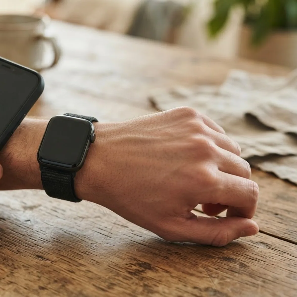 One hand holding a phone close to the other wrist, which wears a smartwatch, over a wooden table