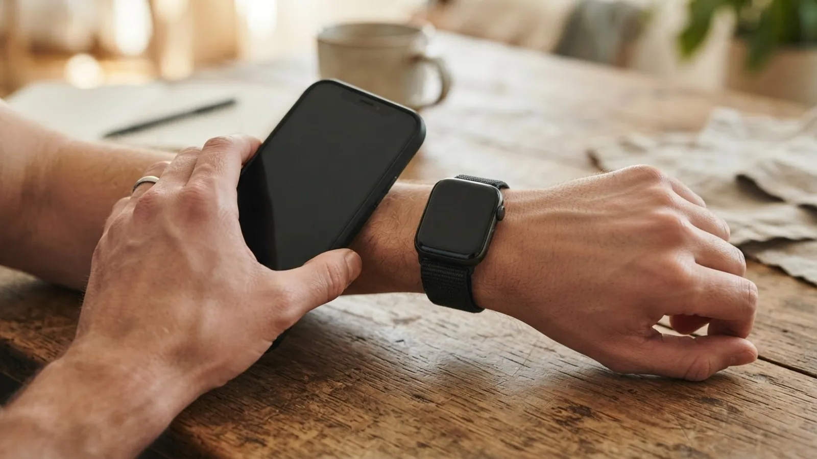 One hand holding a phone close to the other wrist, which wears a smartwatch, over a wooden table