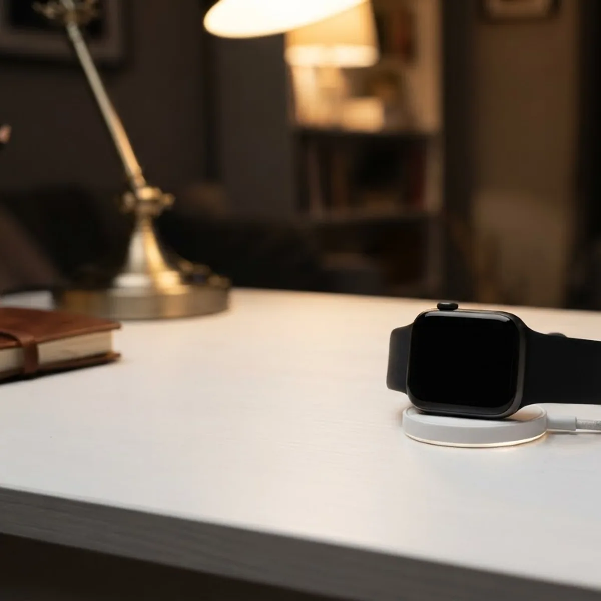 A smartwatch resting on a round white charger on a white desk under a lamp in the evening