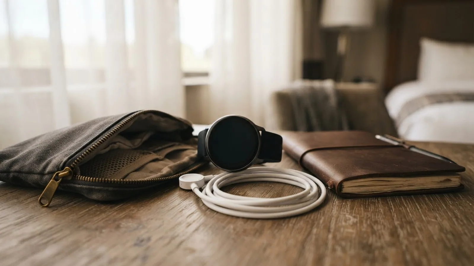 A smartwatch next to a coiled white charging cable, a travel pouch and a leather notebook on a hotel desk