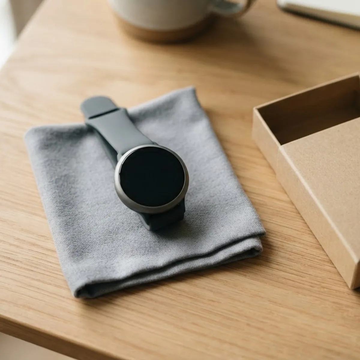 A smartwatch lying on a folded grey cloth on a wooden desk next to an empty cardboard box