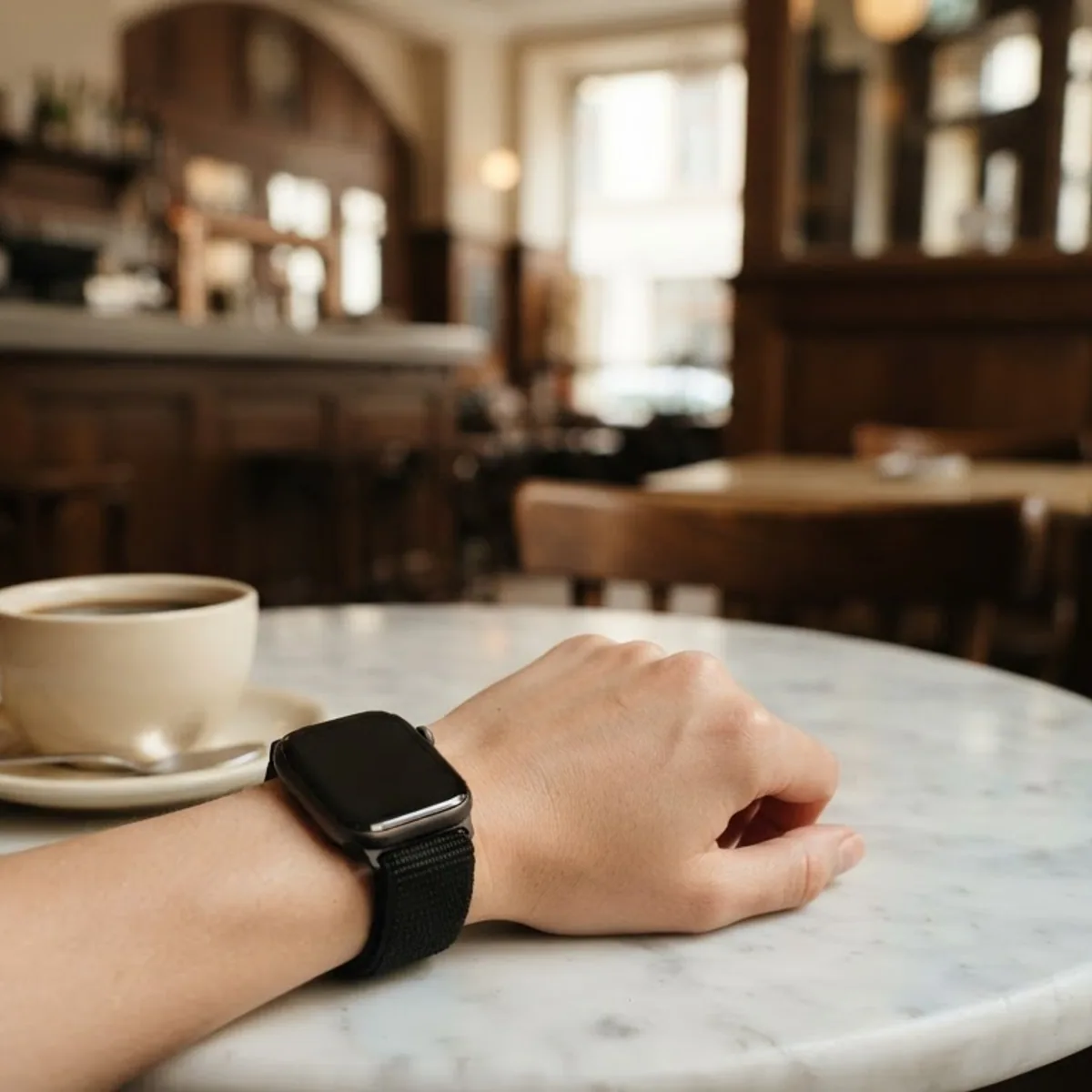 A wrist wearing a smartwatch resting on a marble cafe table beside a cup of coffee