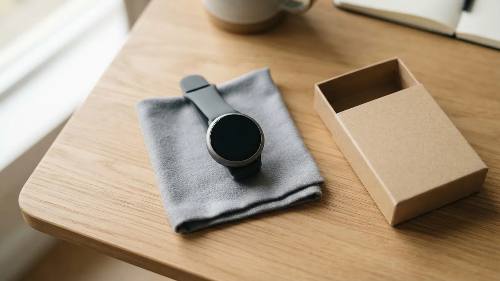 A smartwatch lying on a folded grey cloth on a wooden desk next to an empty cardboard box