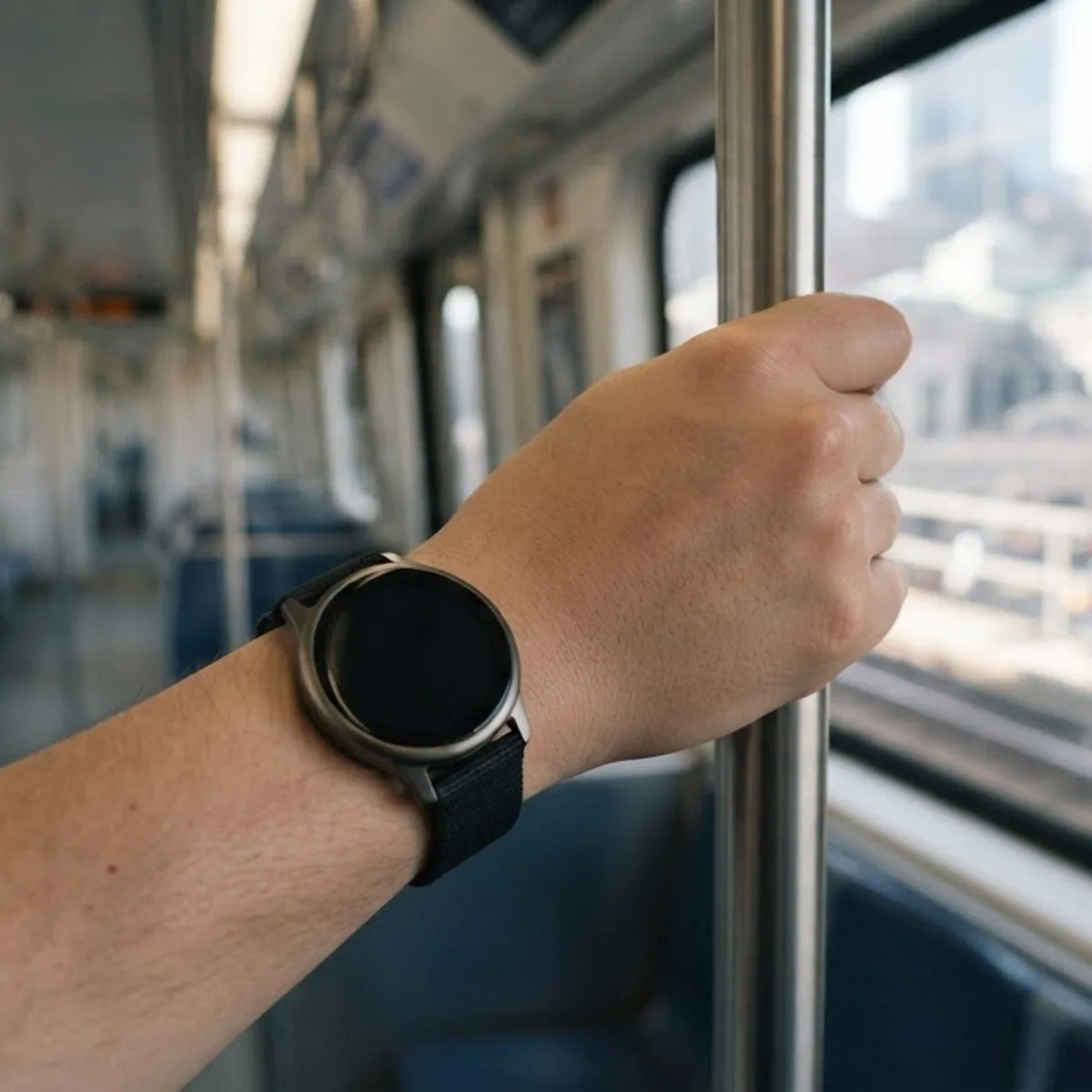 A wrist wearing a smartwatch while the hand holds a metal pole on an empty commuter train