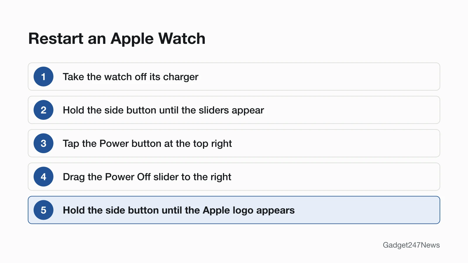 Five steps to restart an Apple Watch: take it off the charger, hold the side button until the sliders appear, tap the Power button at the top right, drag the Power Off slider to the right, then hold the side button until the Apple logo appears.