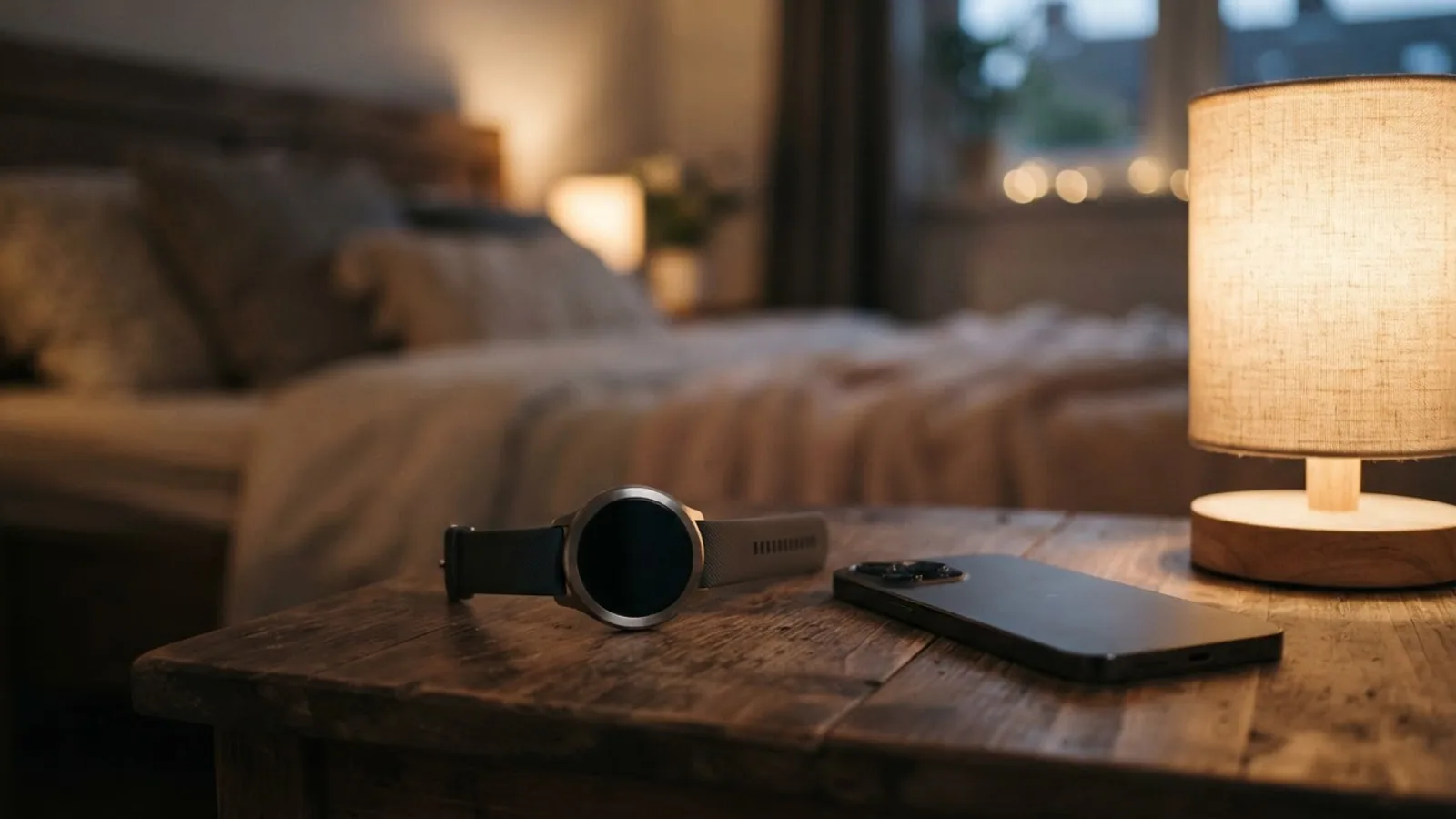 A smartwatch and a phone lying on a wooden bedside table next to a glowing lamp in the evening