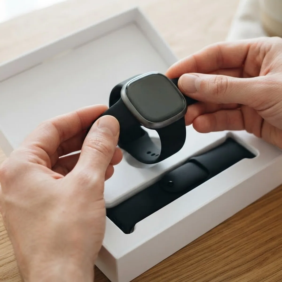 Two hands lifting a new smartwatch out of an open white box on a wooden table