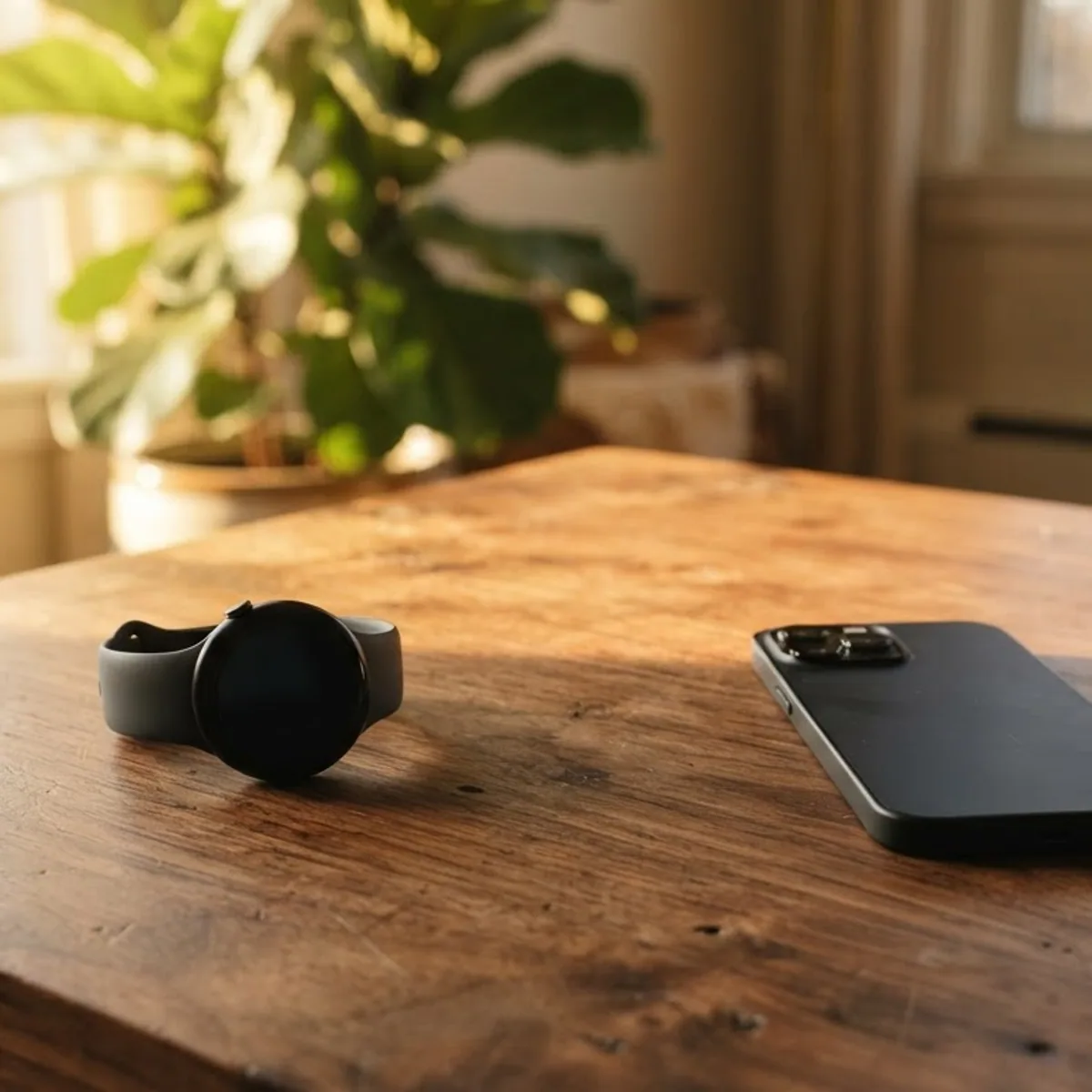 A smartwatch and a phone lying apart on a wooden coffee table in late afternoon sun