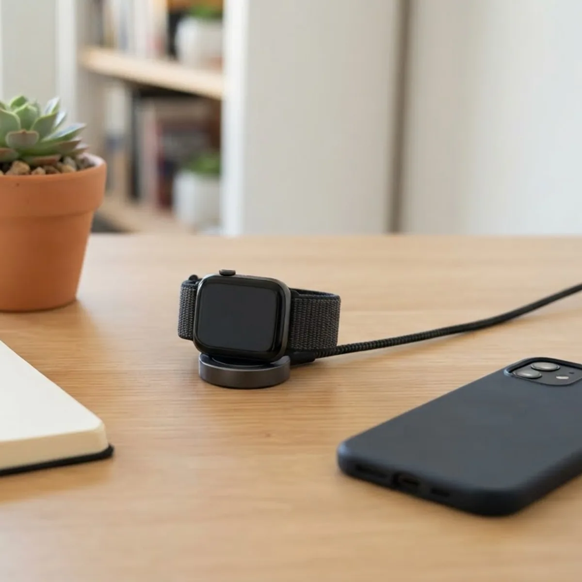 Smartwatch on a round charger next to a face-down phone, an open notebook and a small plant on a desk