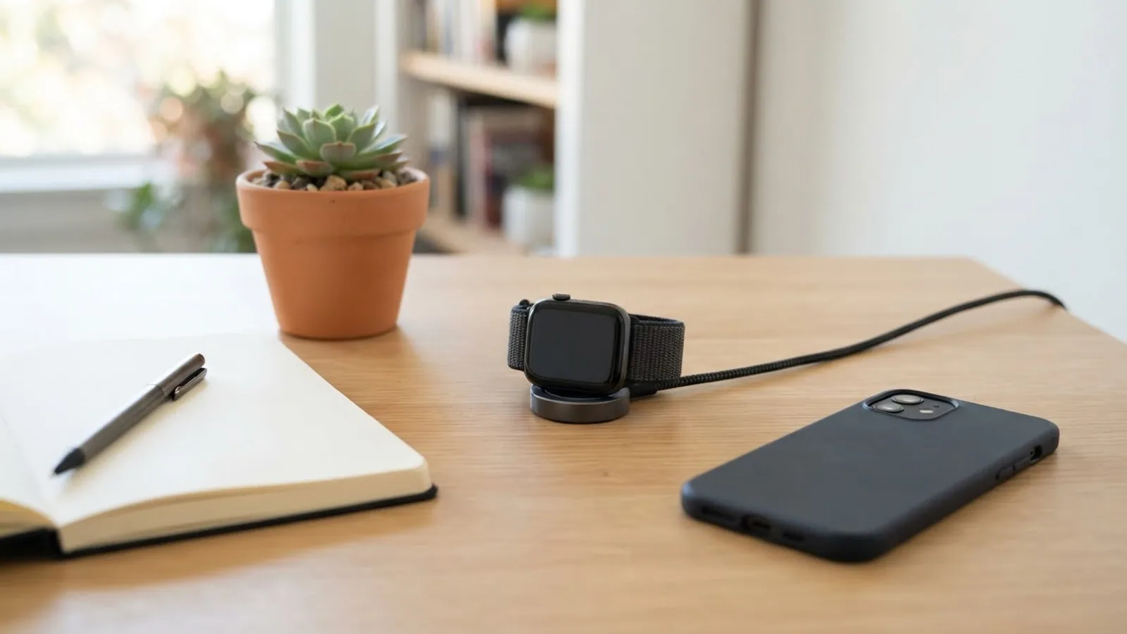 Smartwatch on a round charger next to a face-down phone, an open notebook and a small plant on a desk
