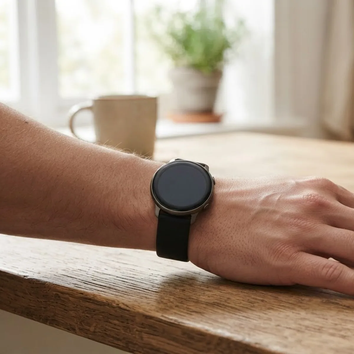 A hand wearing a smartwatch resting on a kitchen table beside a glass of water and a bowl of lemons