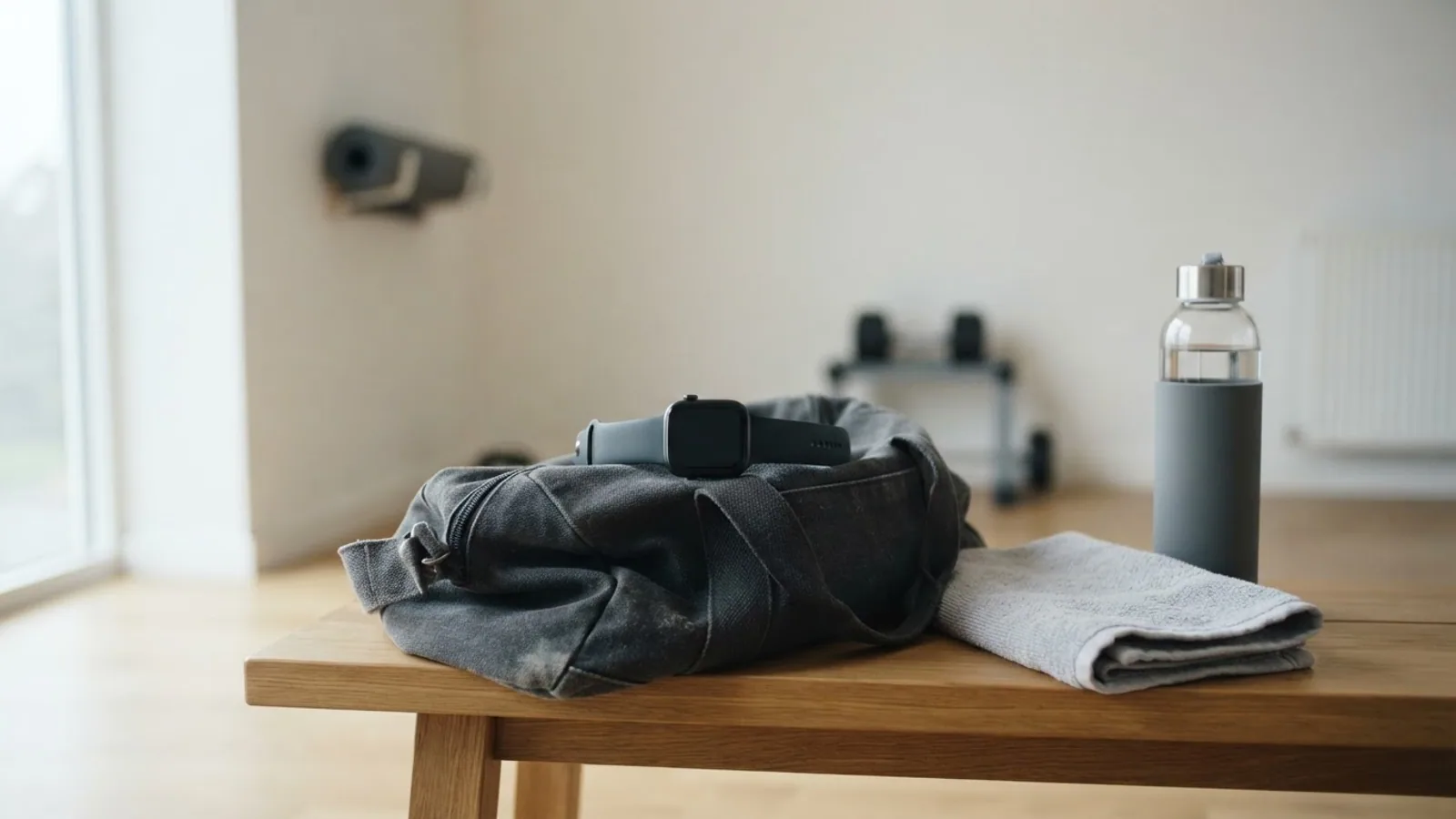 A smartwatch lying on a grey gym bag on a wooden bench next to a folded towel and a water bottle