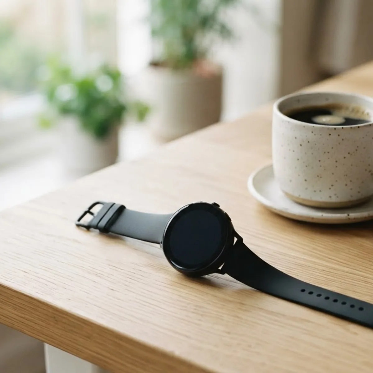 Smartwatch with a black, blank screen lying on a kitchen table beside a coffee mug and a plate of toast