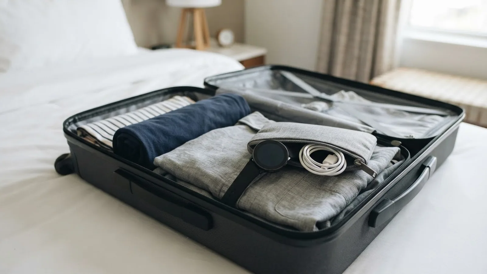 Smartwatch and a coiled white charging cable in a grey pouch inside an open suitcase on a hotel bed