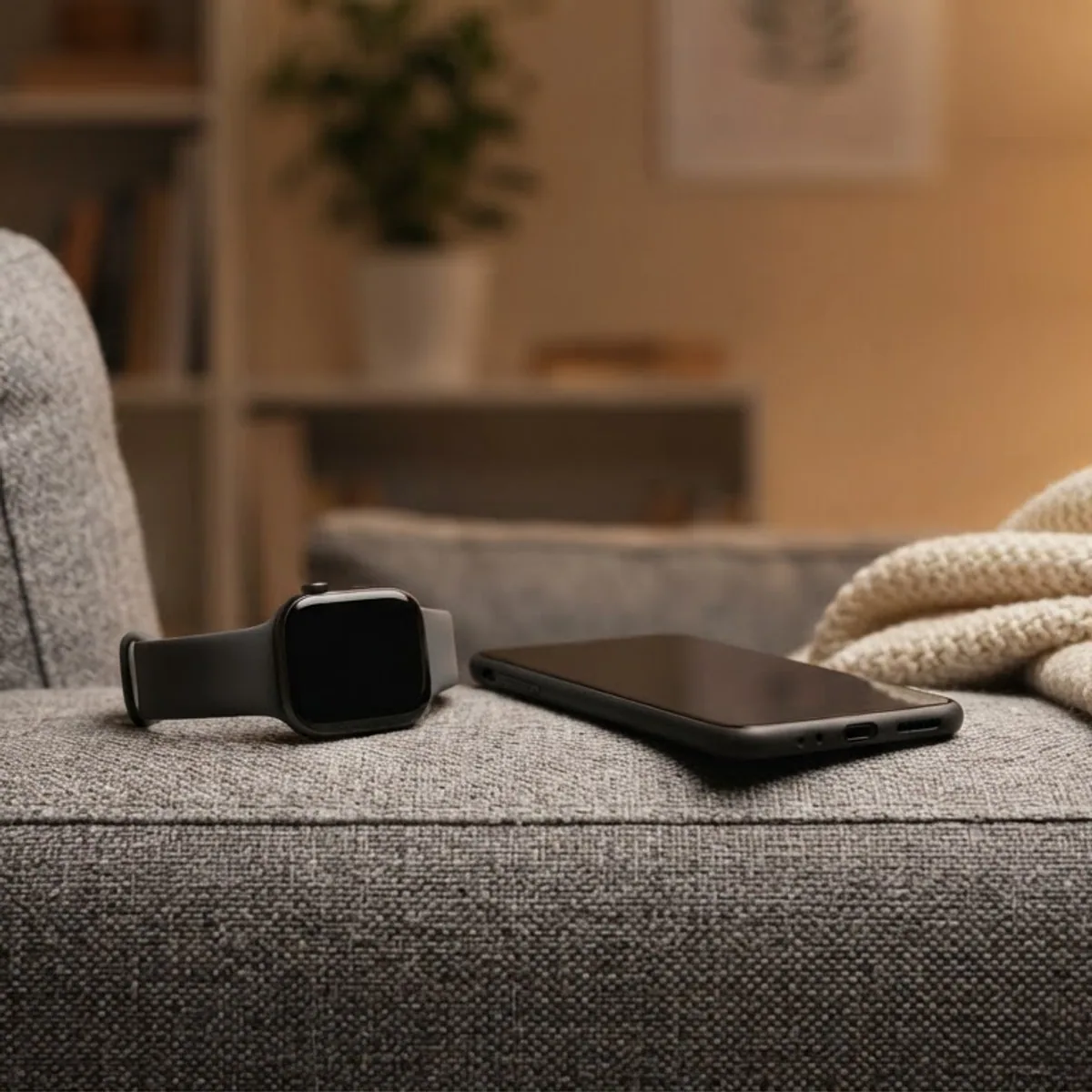 A smartwatch and a phone lying on the arm of a grey sofa next to a knitted blanket in lamp light