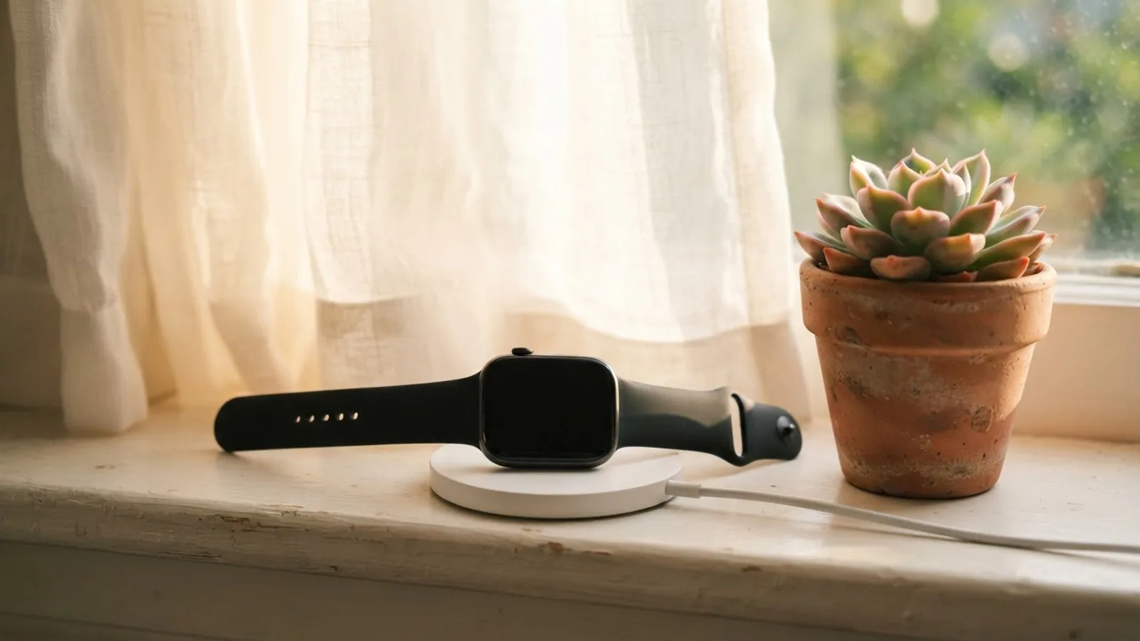 A smartwatch resting on a round white charger on a sunny windowsill beside a potted succulent