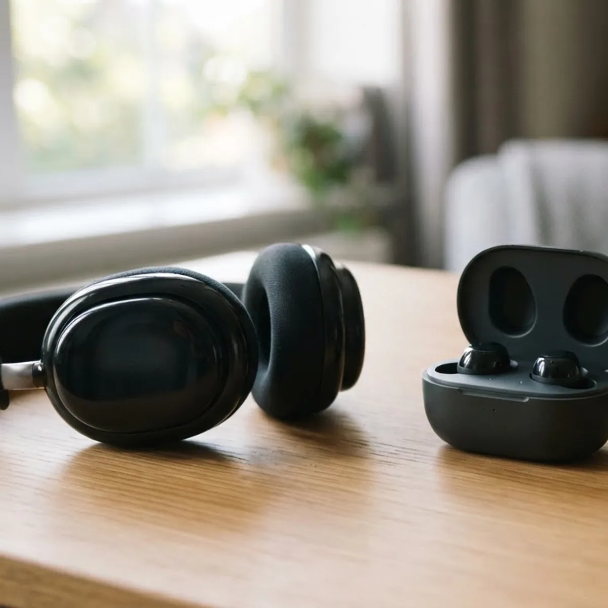 Black over-ear wireless headphones, an open case of wireless earbuds and a phone on a wooden desk