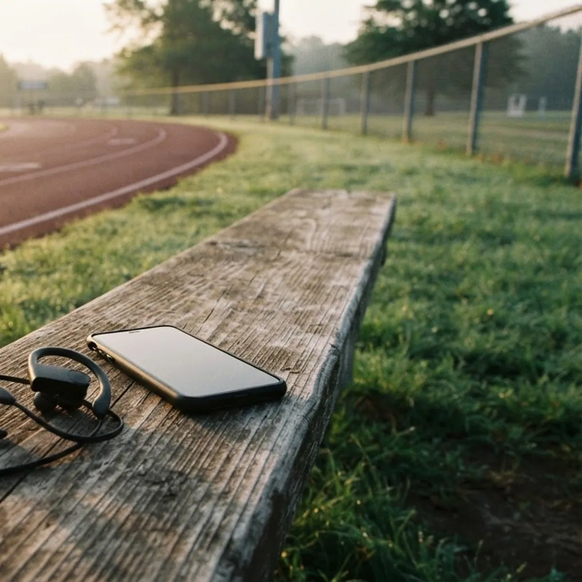 Black sport earbuds with ear hooks and a phone on a wooden bench beside a running track at sunrise