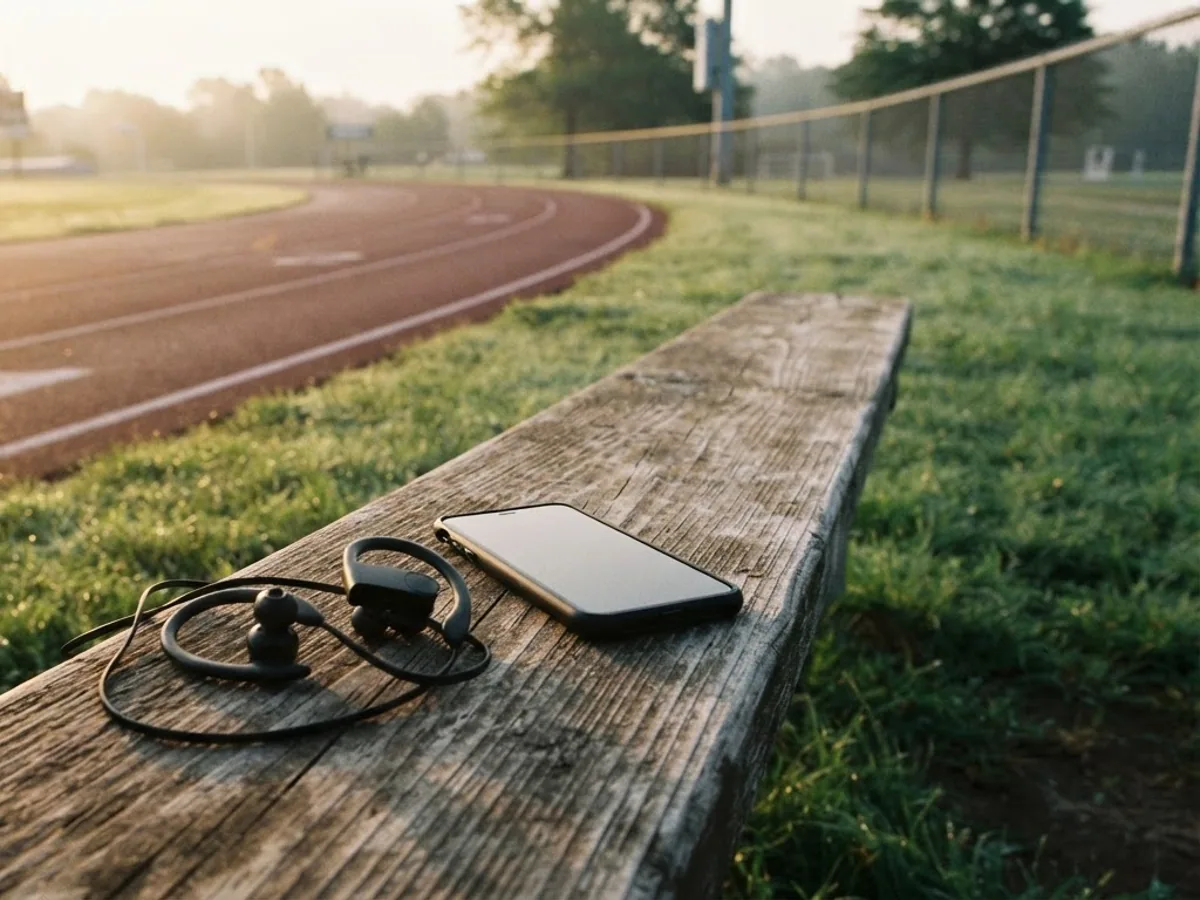 Black sport earbuds with ear hooks and a phone on a wooden bench beside a running track at sunrise