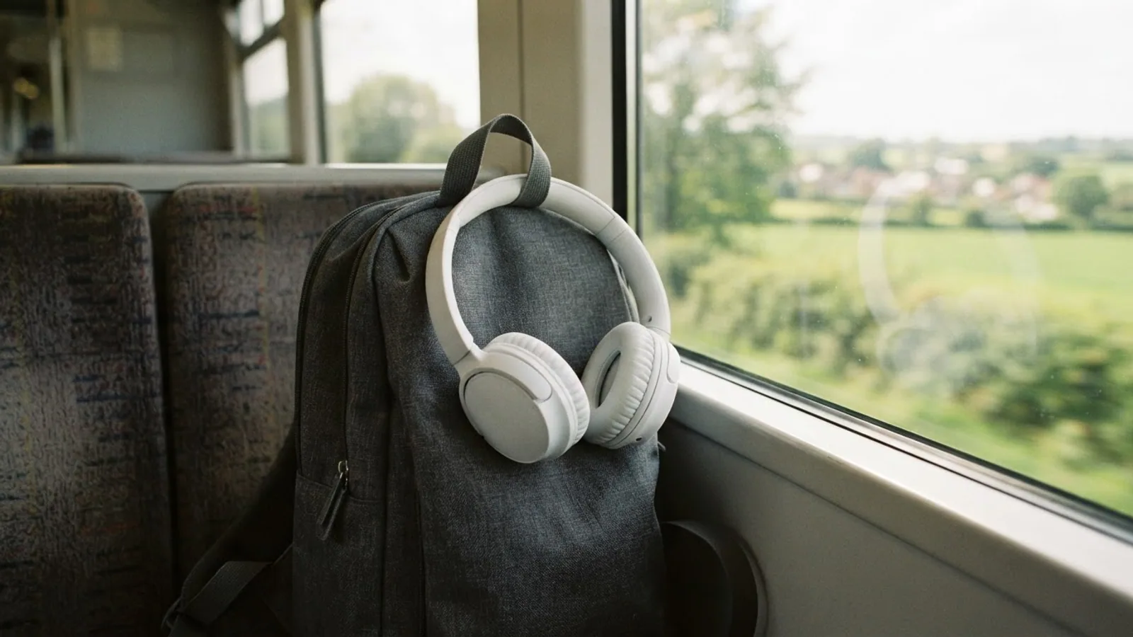 White over-ear headphones hanging from a backpack on a train seat by the window