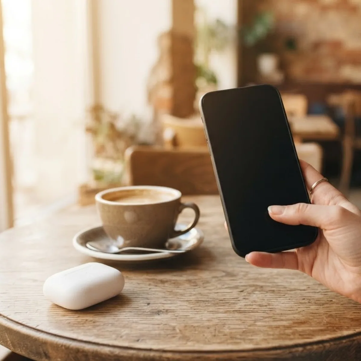 A hand holding a phone above a cafe table with a coffee cup and a white earbuds case
