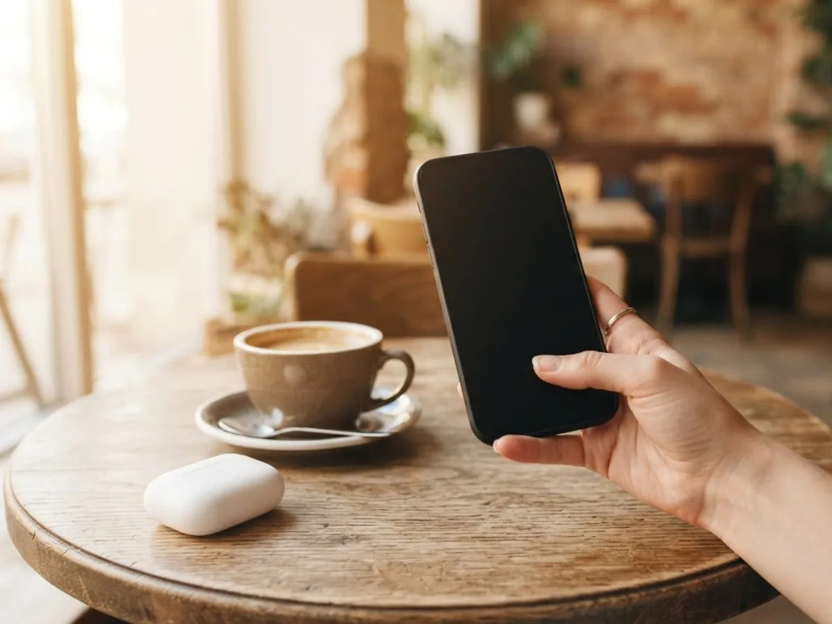 A hand holding a phone above a cafe table with a coffee cup and a white earbuds case