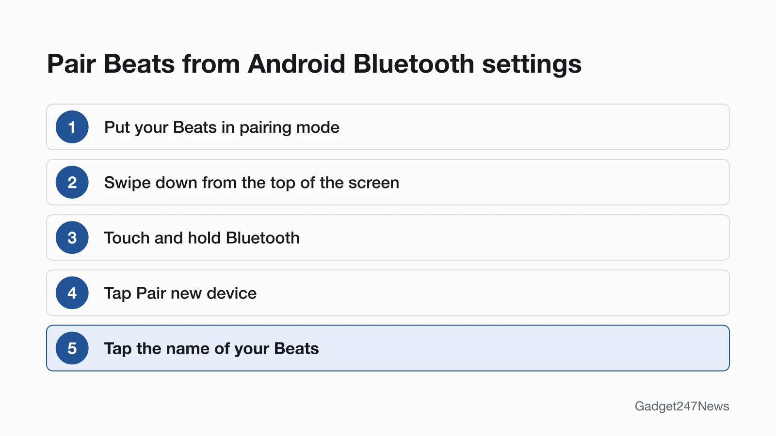 Five steps to pair Beats from Android Bluetooth settings: pairing mode, swipe down, touch and hold Bluetooth, tap Pair new device, tap your Beats