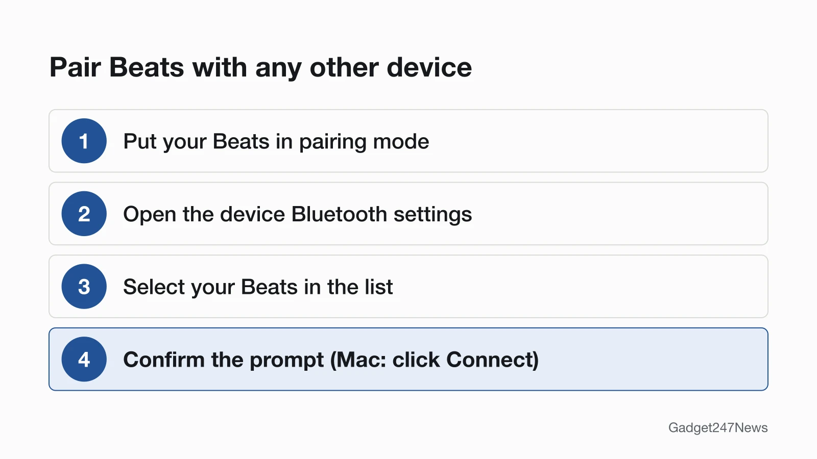 Four steps to pair Beats with a Mac, Android phone, Windows PC or other Bluetooth device: put your Beats in pairing mode, open the device Bluetooth settings, select your Beats in the list, then confirm the prompt, clicking Connect on a Mac.