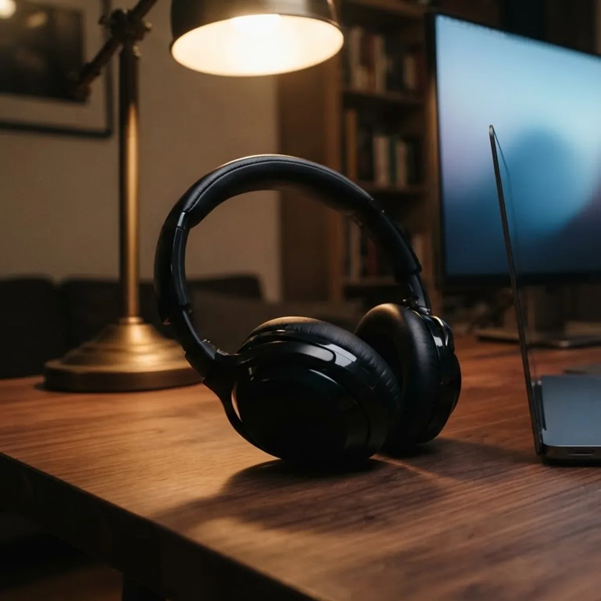 Black over-ear headphones on a desk beside a laptop and a desktop monitor at night
