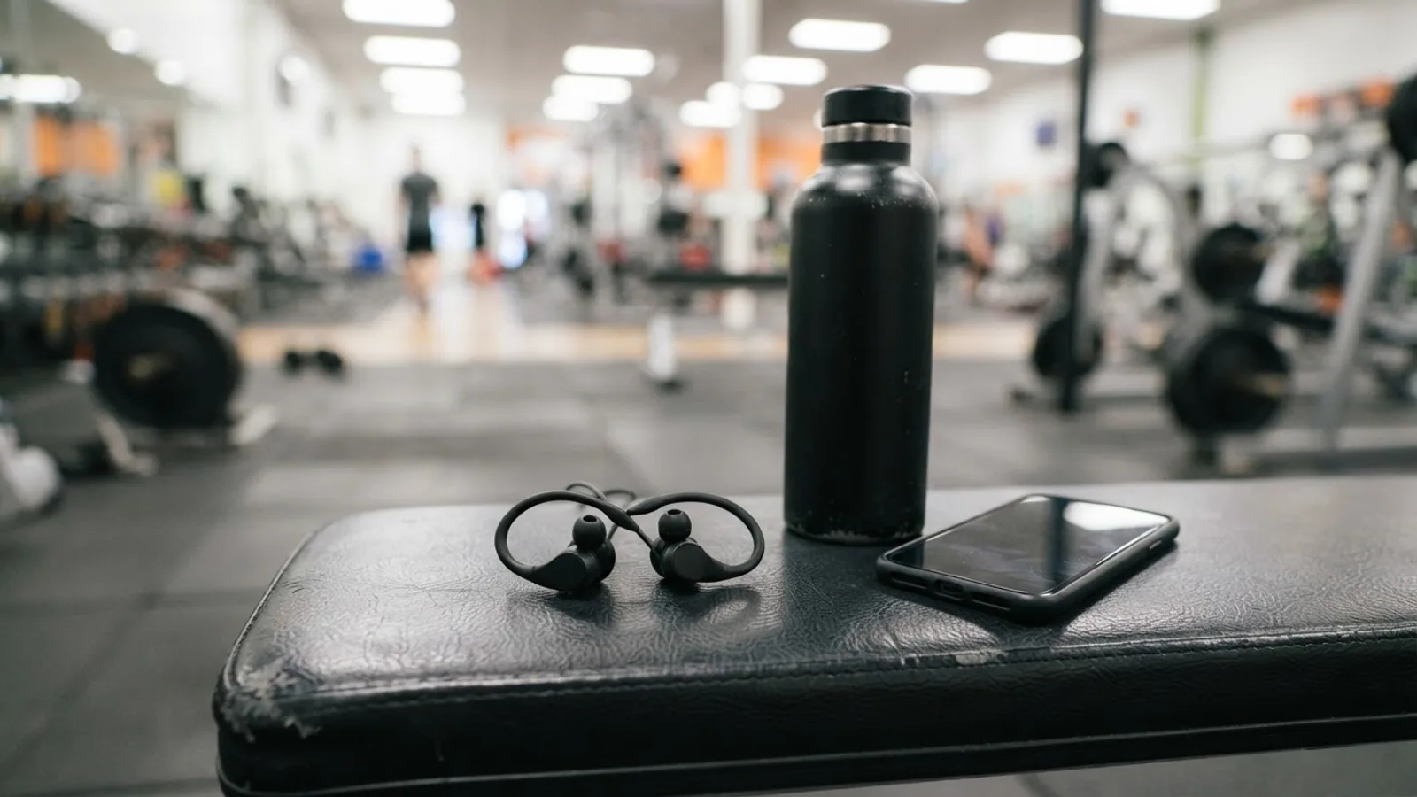 Sport earbuds with ear hooks, a water bottle and a phone on a gym bench
