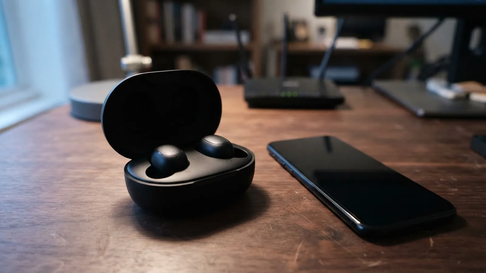 Black wireless earbuds in an open case beside a phone on a desk, with a router in the background