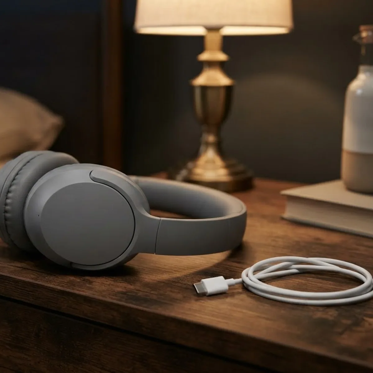 Grey over-ear headphones and a coiled white charging cable on a bedside table at night