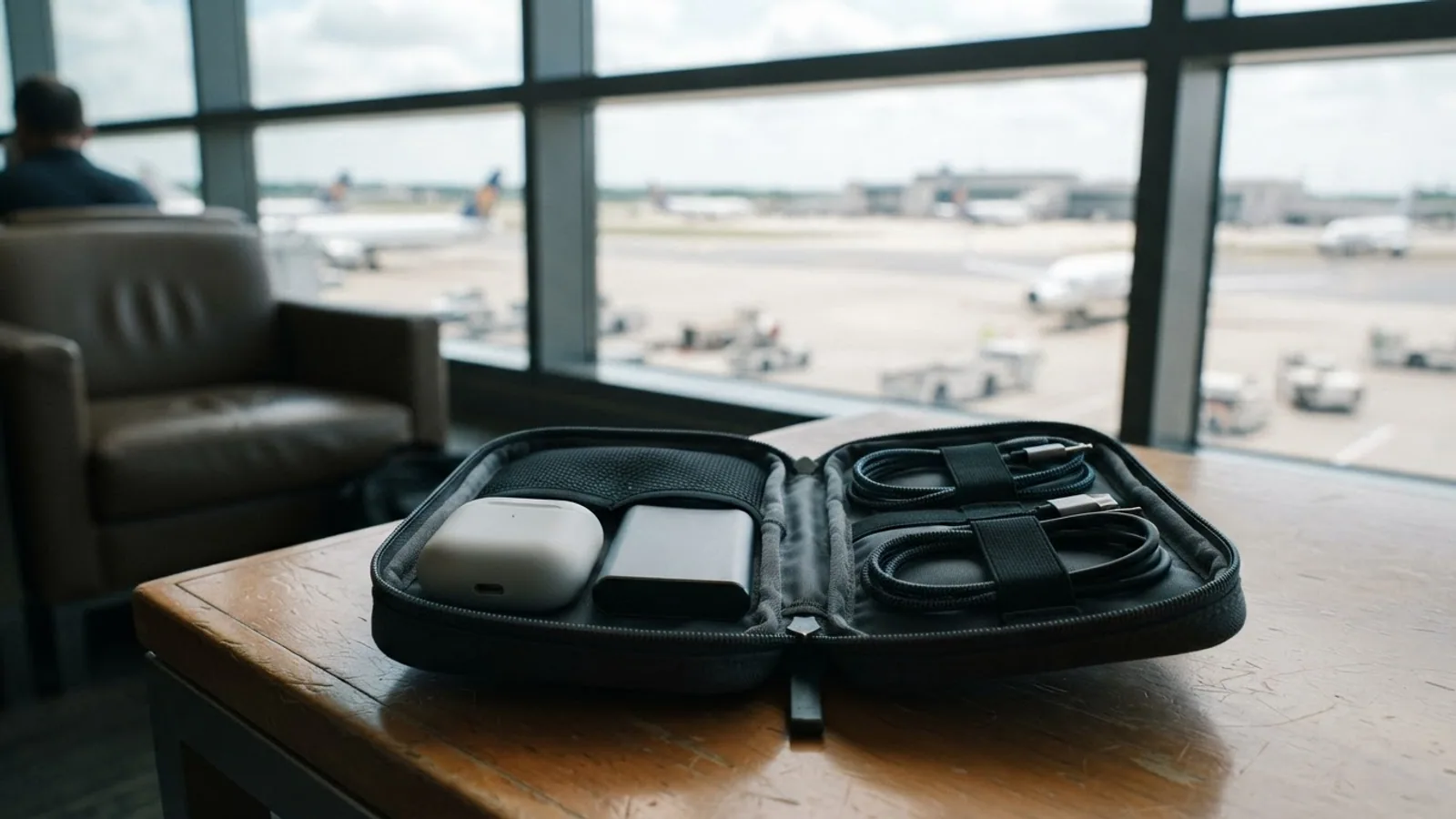 An open travel pouch with an earbuds case, a power bank and cables on an airport lounge table