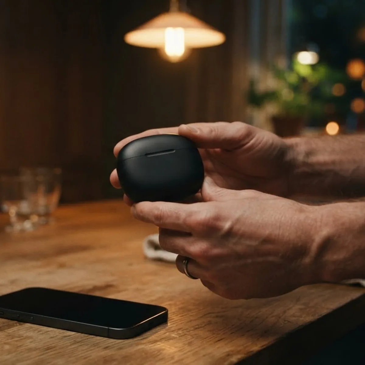 Hands holding a closed black earbuds case above a kitchen counter with a phone lying on it