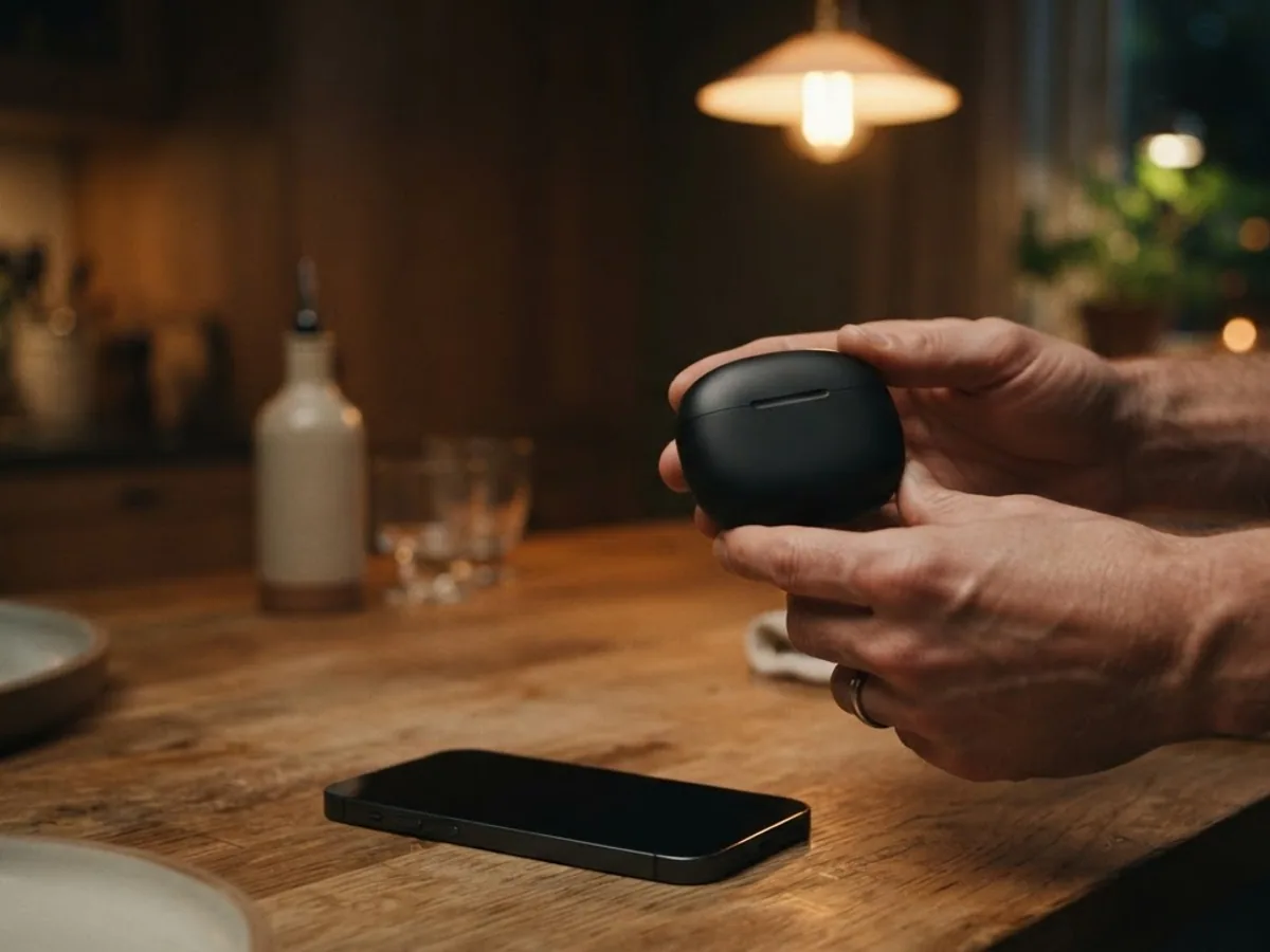 Hands holding a closed black earbuds case above a kitchen counter with a phone lying on it