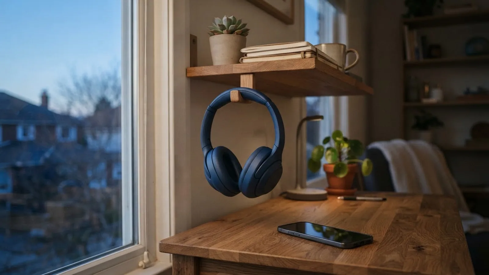 Blue over-ear headphones hanging from a shelf hook above a desk with a phone