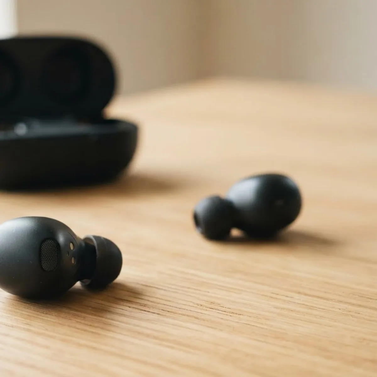 Two black wireless earbuds lying apart on a wooden table, one in sharp focus, with the case behind