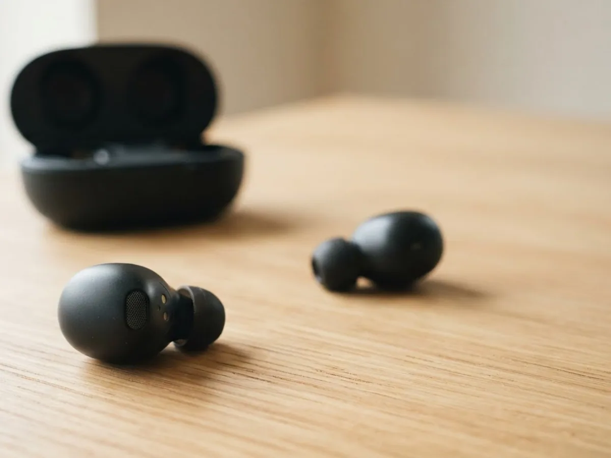 Two black wireless earbuds lying apart on a wooden table, one in sharp focus, with the case behind
