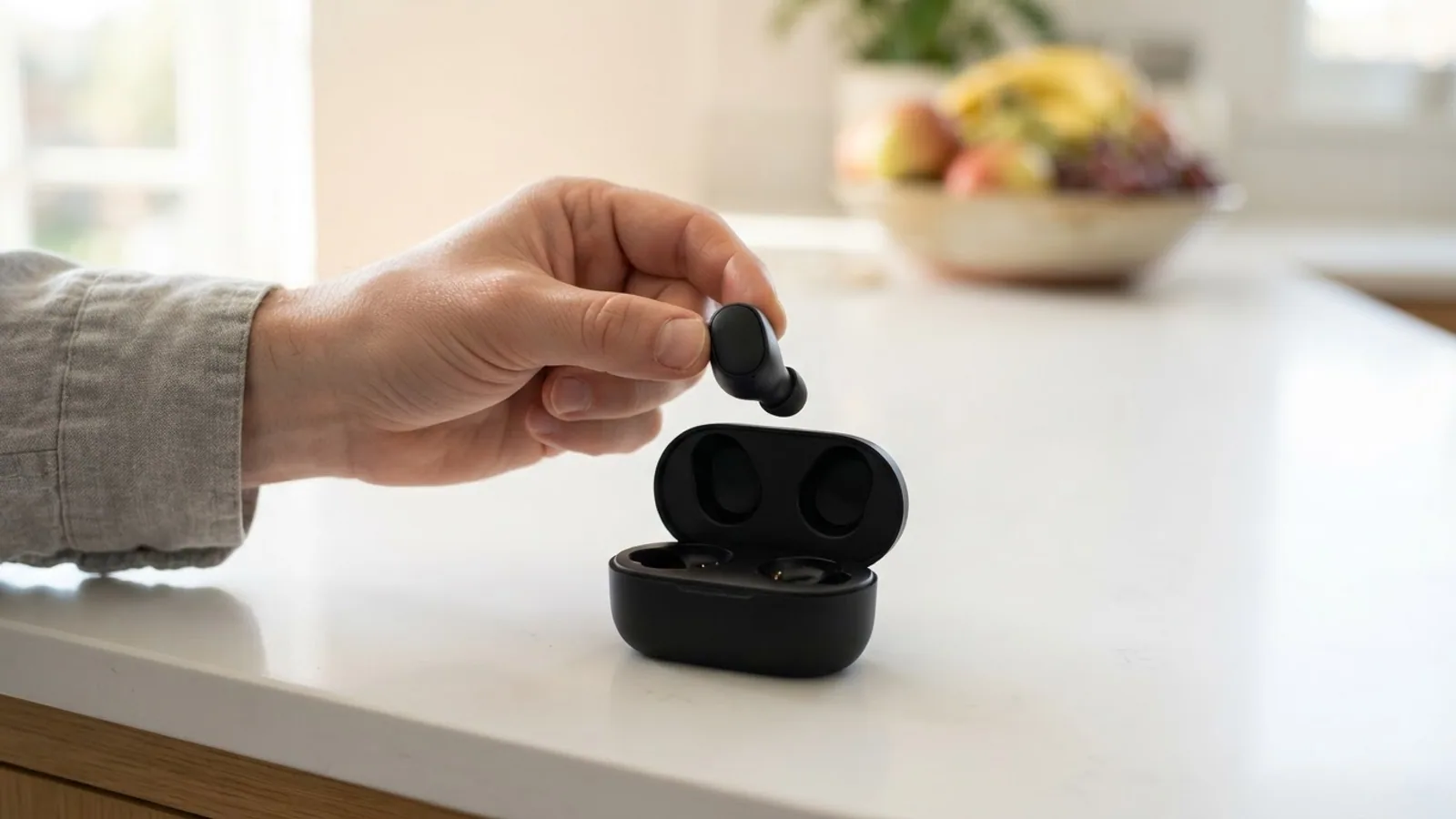 A hand lifting a single black earbud out of an open charging case on a white kitchen table