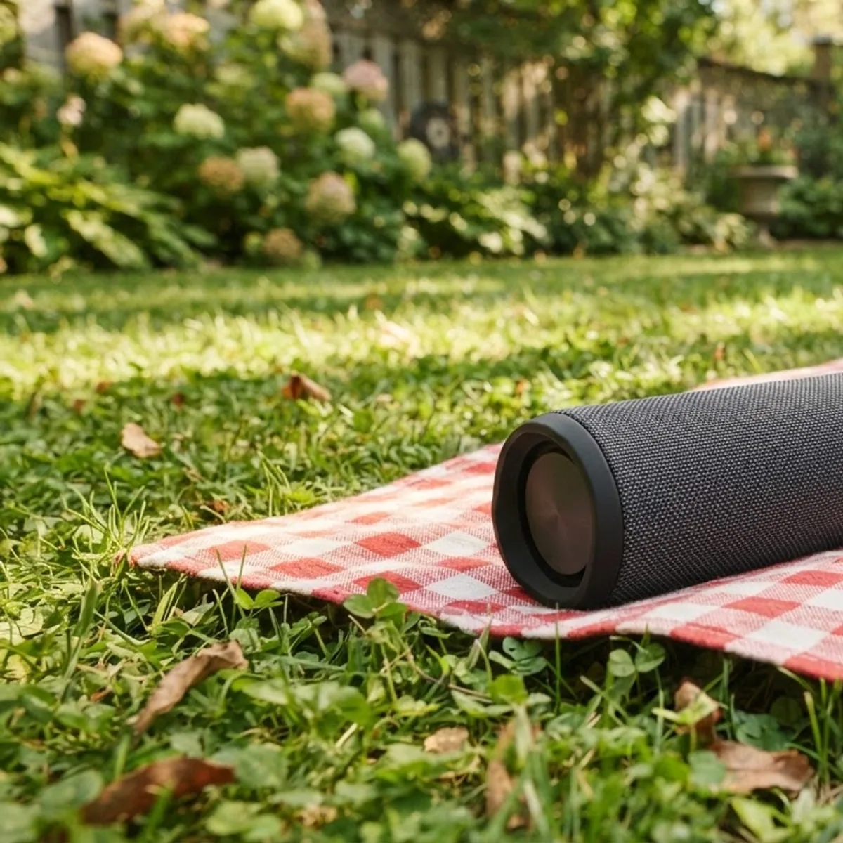 A small cylindrical portable speaker and a phone on a checked picnic blanket in a sunny garden