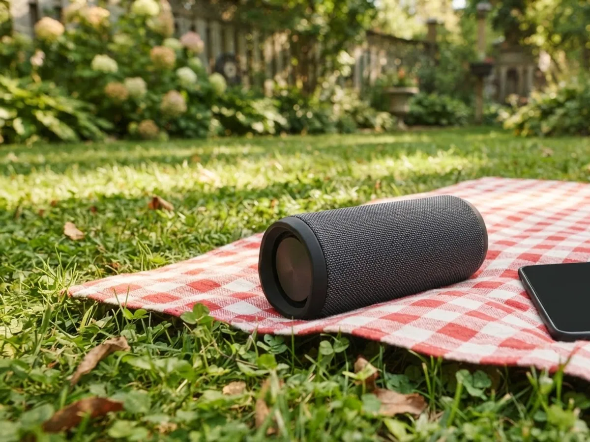 A small cylindrical portable speaker and a phone on a checked picnic blanket in a sunny garden