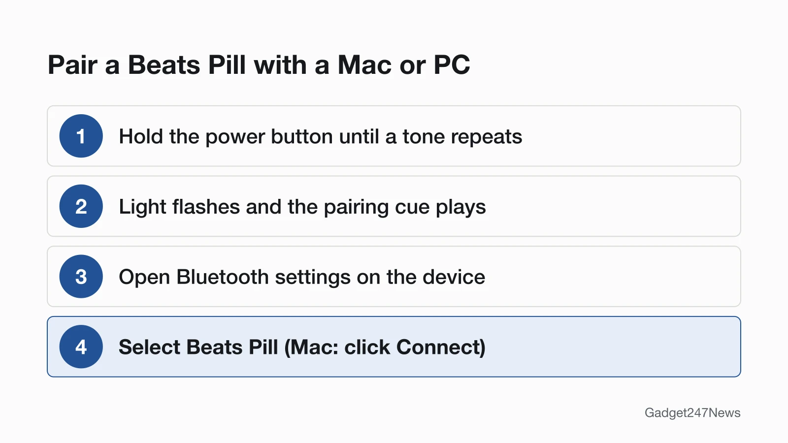 Four steps to pair a Beats Pill manually: hold the power button until a tone repeats, wait for the flashing light and pairing cue, open Bluetooth settings on the device, then select Beats Pill, clicking Connect on a Mac.