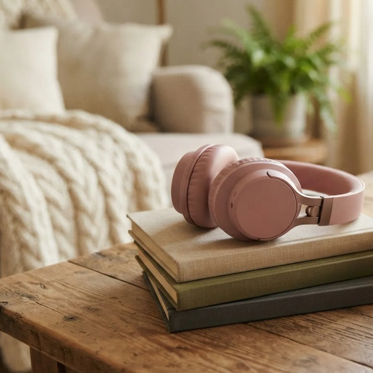 Pink over-ear headphones resting on a stack of books next to a cup of tea