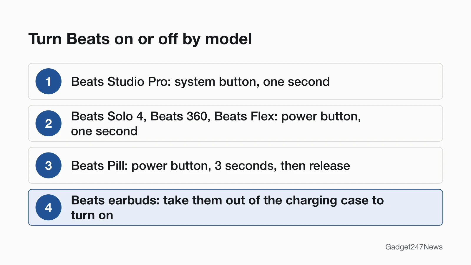 How to turn Beats on or off by model: Beats Studio Pro system button one second; Beats Solo 4, Beats 360 and Beats Flex power button one second; Beats Pill power button 3 seconds; Beats earbuds turn on out of the case.